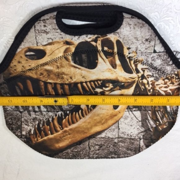 Tyrannosaurus Rex Skeleton Next to Stone Wall Neoprene Lunch Bag 12x6.5x10.5 - Picture 15 of 16